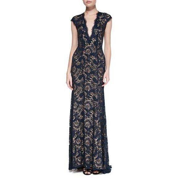 Jovani Dresses & Skirts - Jovani Lace Beaded Sequin Plunge V Neck Open Back Maxi Dress Navy Blue Size 6